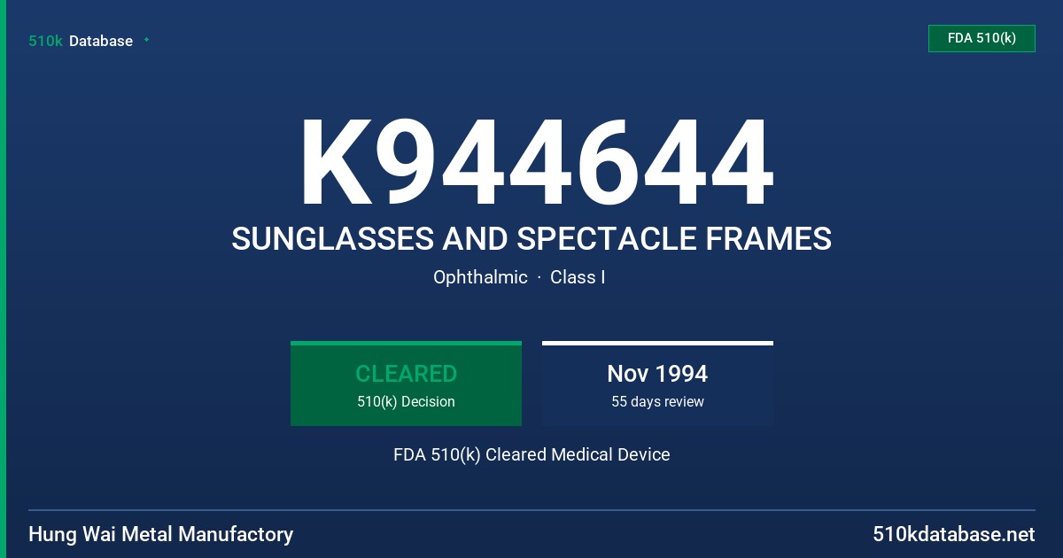 K944644 SUNGLASSES AND SPECTACLE FRAMES FDA 510(k) Cleared Medical Device