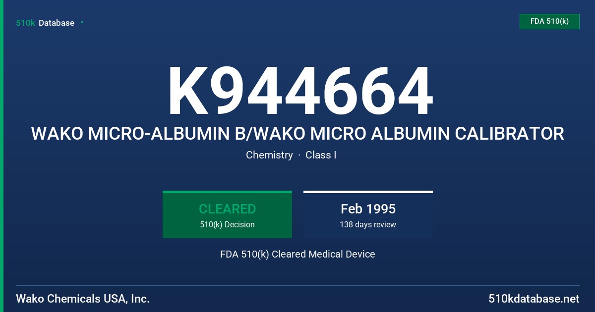 K944664 WAKO MICRO-ALBUMIN B/WAKO MICRO ALBUMIN CALIBRATOR FDA 510(k) Cleared Medical Device