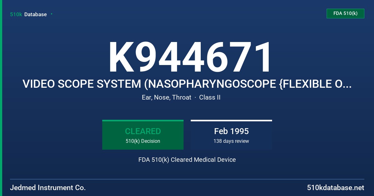 K944671 VIDEO SCOPE SYSTEM (NASOPHARYNGOSCOPE {FLEXIBLE OR RIGID}) FDA 510(k) Cleared Medical Device