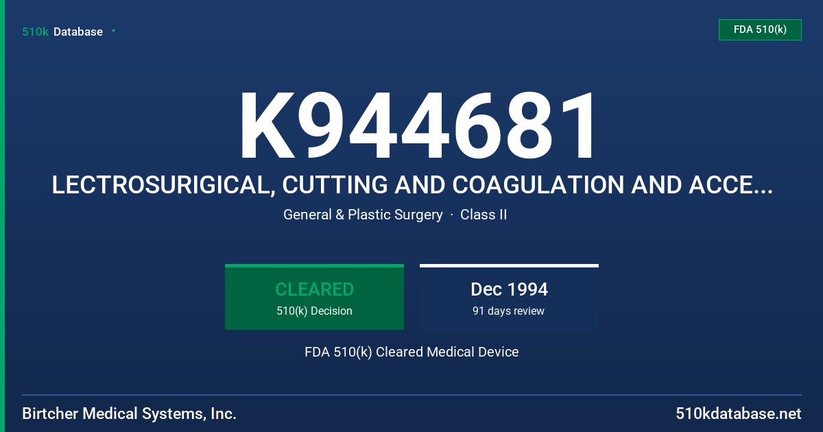 K944681 LECTROSURIGICAL, CUTTING AND COAGULATION AND ACCESSORIES FDA 510(k) Cleared Medical Device
