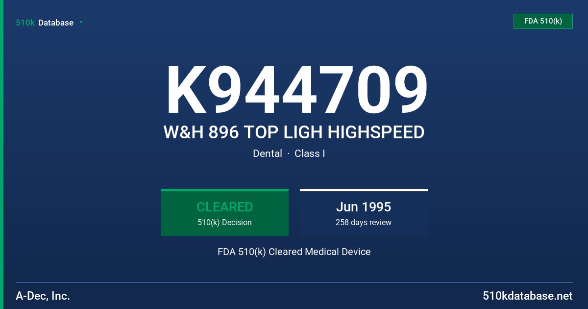 K944709 W&H 896 TOP LIGH HIGHSPEED FDA 510(k) Cleared Medical Device