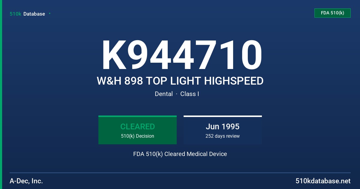 K944710 W&H 898 TOP LIGHT HIGHSPEED FDA 510(k) Cleared Medical Device