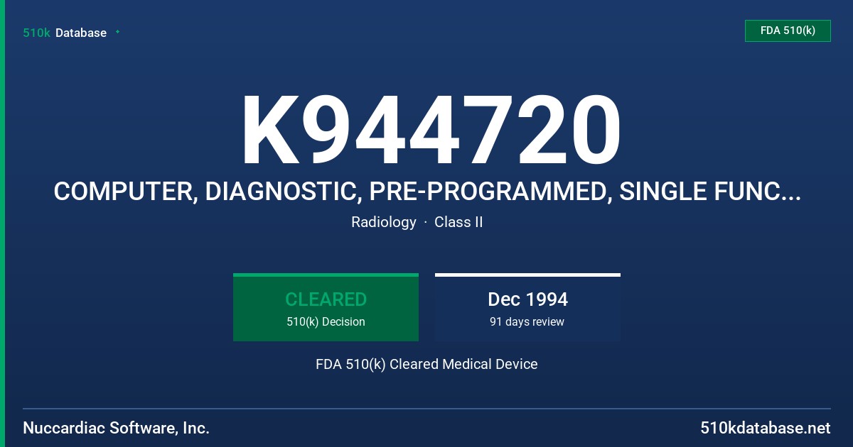 K944720 COMPUTER, DIAGNOSTIC, PRE-PROGRAMMED, SINGLE FUNCTION FDA 510(k) Cleared Medical Device