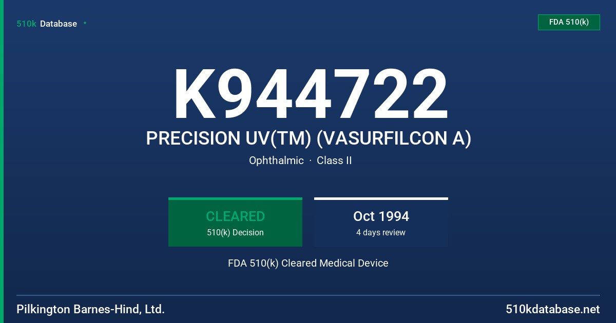 K944722 PRECISION UV(TM) (VASURFILCON A) FDA 510(k) Cleared Medical Device