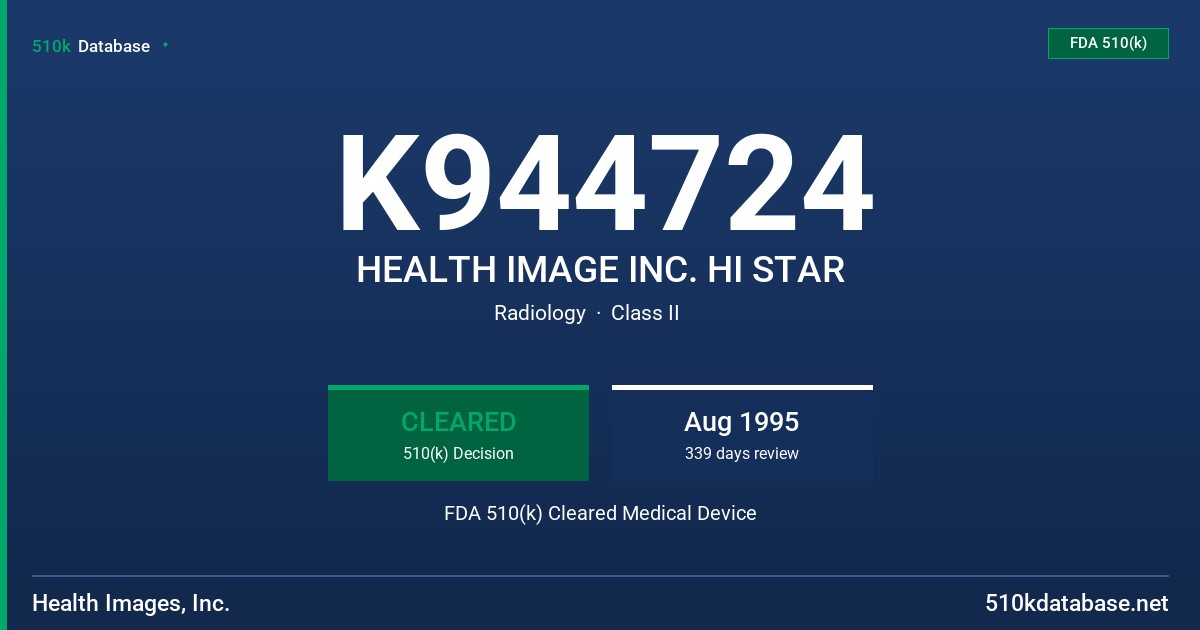 K944724 HEALTH IMAGE INC. HI STAR FDA 510(k) Cleared Medical Device
