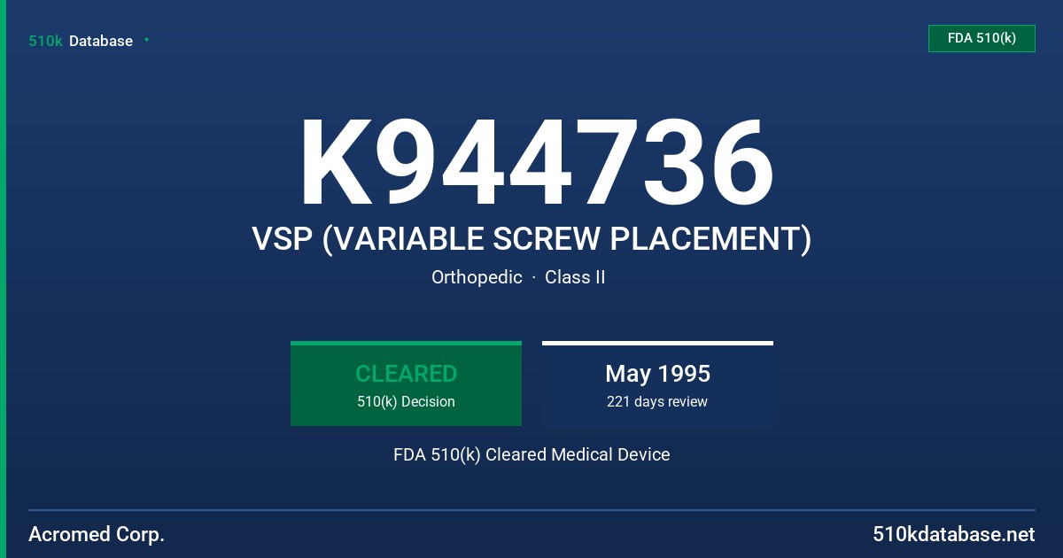 K944736 VSP (VARIABLE SCREW PLACEMENT) FDA 510(k) Cleared Medical Device