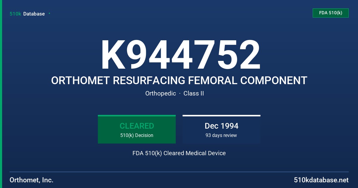 K944752 ORTHOMET RESURFACING FEMORAL COMPONENT FDA 510(k) Cleared Medical Device