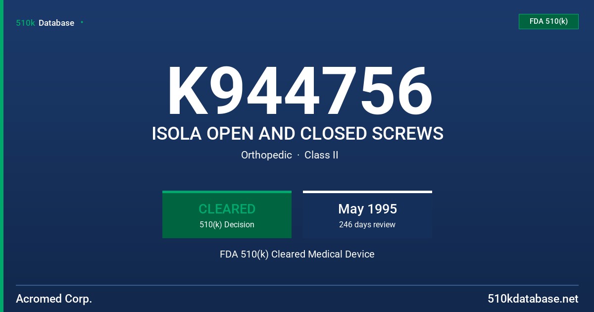 K944756 ISOLA OPEN AND CLOSED SCREWS FDA 510(k) Cleared Medical Device