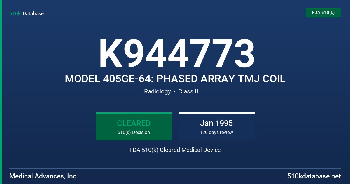K944773 MODEL 405GE-64: PHASED ARRAY TMJ COIL FDA 510(k) Cleared Medical Device