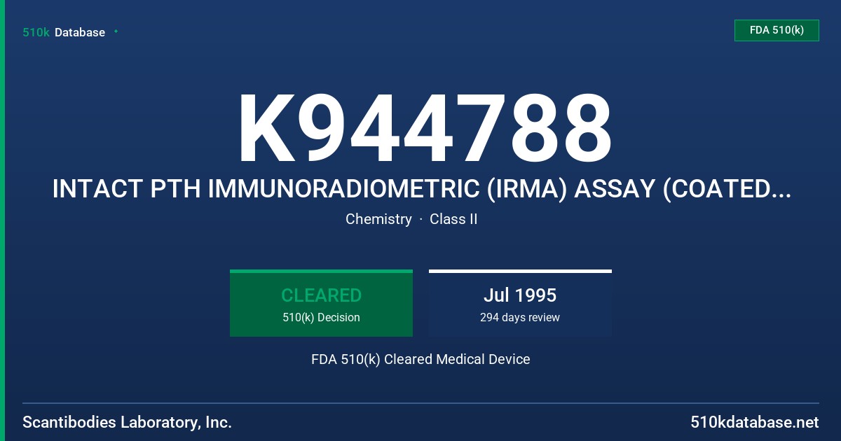 K944788 INTACT PTH IMMUNORADIOMETRIC (IRMA) ASSAY (COATED BEAD-TECHNOLOGY) FDA 510(k) Cleared Medical Device