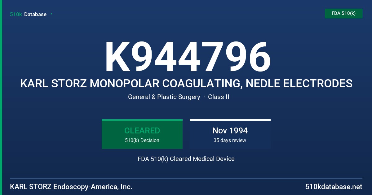 K944796 KARL STORZ MONOPOLAR COAGULATING, NEDLE ELECTRODES FDA 510(k) Cleared Medical Device