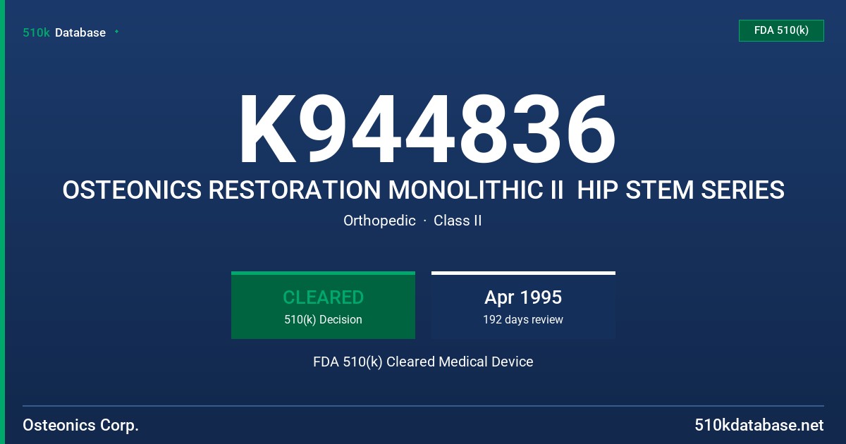 K944836 OSTEONICS RESTORATION MONOLITHIC II  HIP STEM SERIES FDA 510(k) Cleared Medical Device