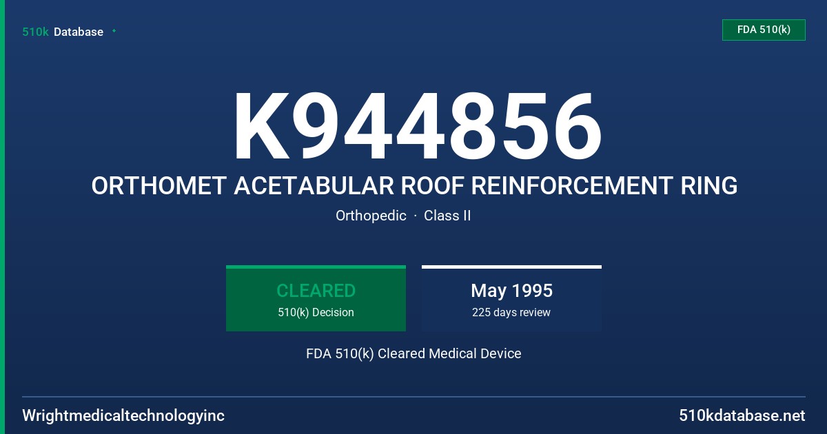 K944856 ORTHOMET ACETABULAR ROOF REINFORCEMENT RING FDA 510(k) Cleared Medical Device