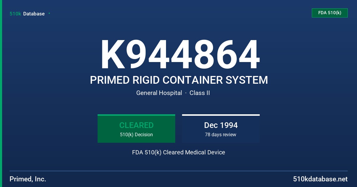 K944864 PRIMED RIGID CONTAINER SYSTEM FDA 510(k) Cleared Medical Device
