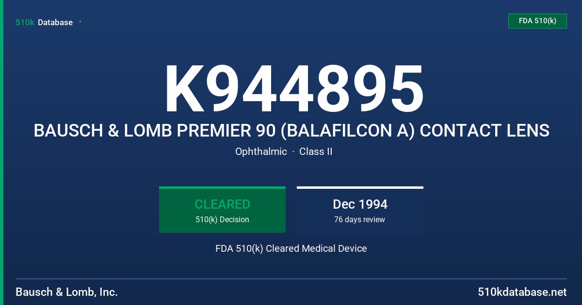 K944895 BAUSCH & LOMB PREMIER 90 (BALAFILCON A) CONTACT LENS FDA 510(k) Cleared Medical Device