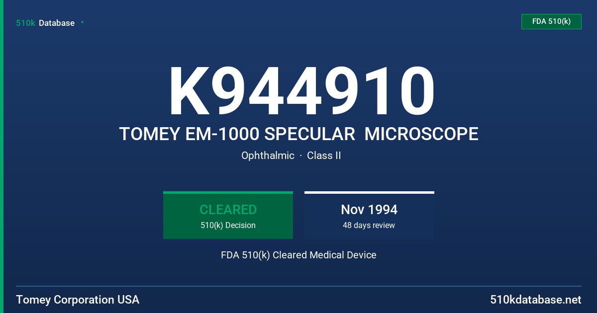 K944910 TOMEY EM-1000 SPECULAR  MICROSCOPE FDA 510(k) Cleared Medical Device