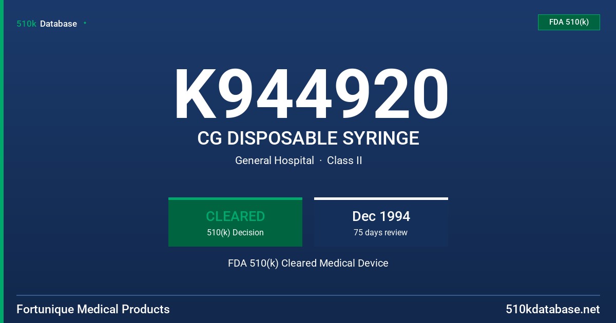 K944920 CG DISPOSABLE SYRINGE FDA 510(k) Cleared Medical Device