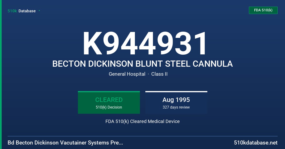 K944931 BECTON DICKINSON BLUNT STEEL CANNULA FDA 510(k) Cleared Medical Device