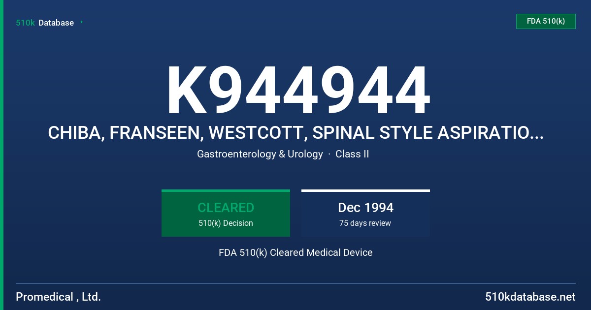 K944944 CHIBA, FRANSEEN, WESTCOTT, SPINAL STYLE ASPIRATION BIOPSY NEEDLE FDA 510(k) Cleared Medical Device