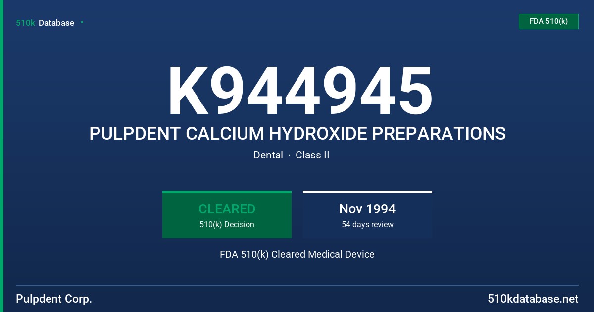 K944945 PULPDENT CALCIUM HYDROXIDE PREPARATIONS FDA 510(k) Cleared Medical Device