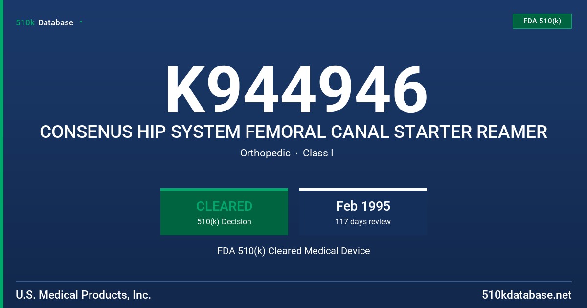 K944946 CONSENUS HIP SYSTEM FEMORAL CANAL STARTER REAMER FDA 510(k) Cleared Medical Device