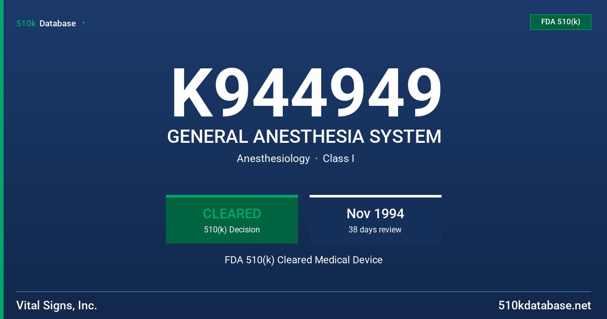 K944949 GENERAL ANESTHESIA SYSTEM FDA 510(k) Cleared Medical Device