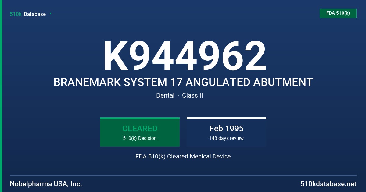 K944962 BRANEMARK SYSTEM 17 ANGULATED ABUTMENT FDA 510(k) Cleared Medical Device