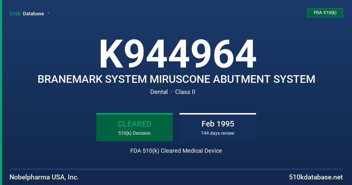 K944964 BRANEMARK SYSTEM MIRUSCONE ABUTMENT SYSTEM FDA 510(k) Cleared Medical Device