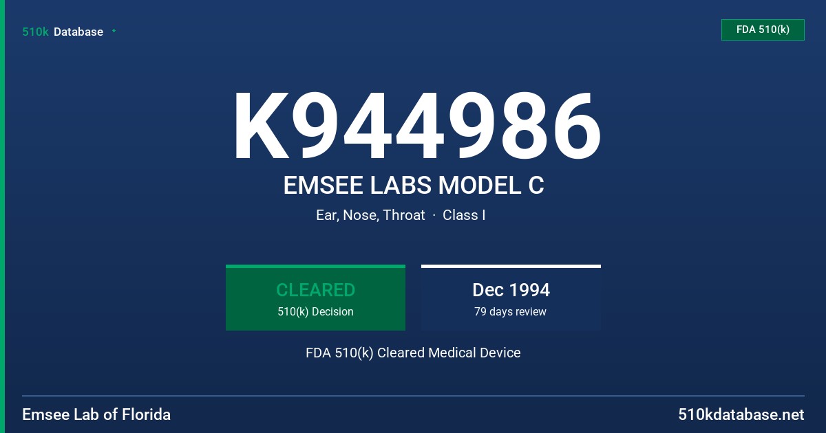 K944986 EMSEE LABS MODEL C FDA 510(k) Cleared Medical Device