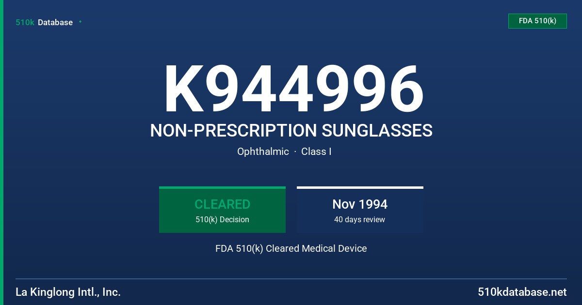 K944996 NON-PRESCRIPTION SUNGLASSES FDA 510(k) Cleared Medical Device