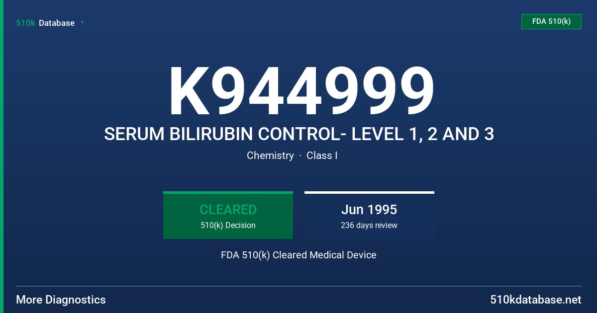 K944999 SERUM BILIRUBIN CONTROL- LEVEL 1, 2 AND 3 FDA 510(k) Cleared Medical Device