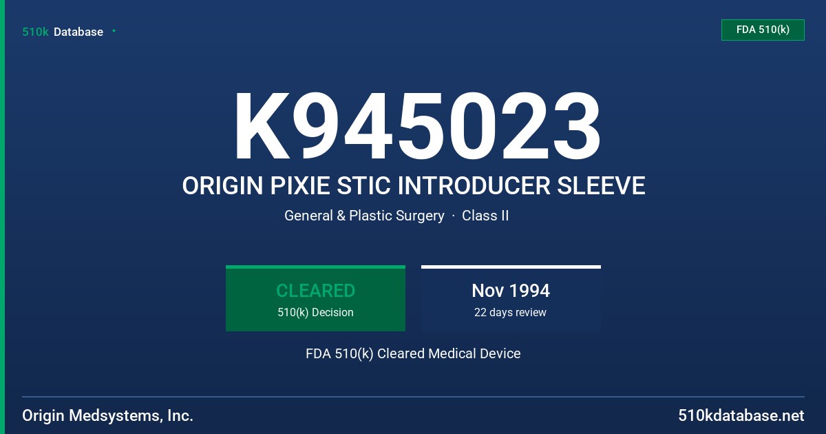 K945023 ORIGIN PIXIE STIC INTRODUCER SLEEVE FDA 510(k) Cleared Medical Device
