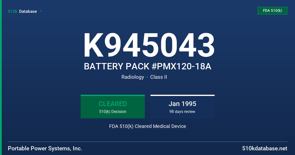 K945043 BATTERY PACK #PMX120-18A FDA 510(k) Cleared Medical Device