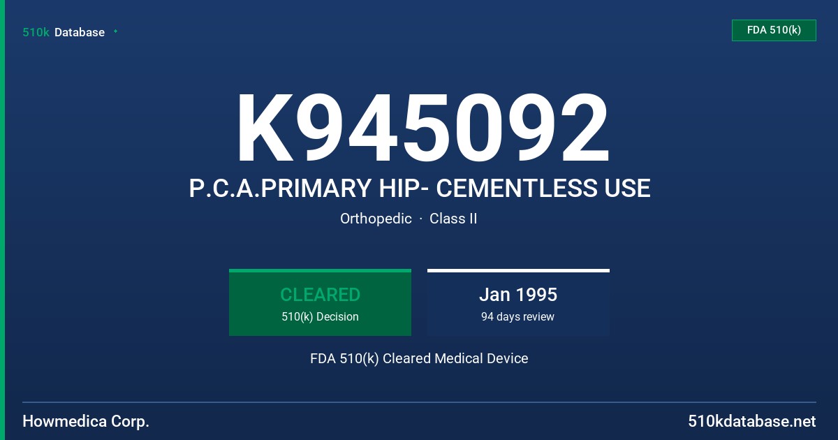 K945092 P.C.A.PRIMARY HIP- CEMENTLESS USE FDA 510(k) Cleared Medical Device
