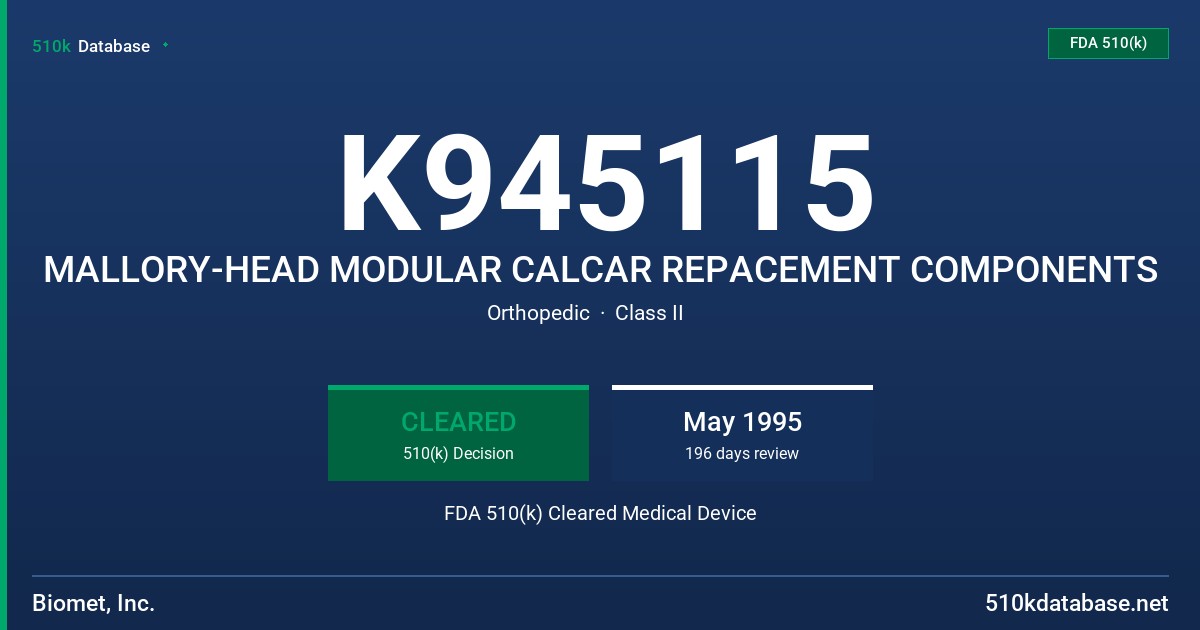 K945115 MALLORY-HEAD MODULAR CALCAR REPACEMENT COMPONENTS FDA 510(k) Cleared Medical Device