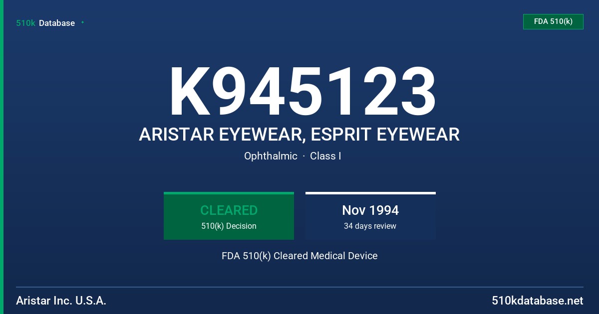 K945123 ARISTAR EYEWEAR, ESPRIT EYEWEAR FDA 510(k) Cleared Medical Device