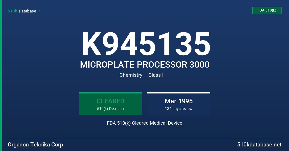 K945135 MICROPLATE PROCESSOR 3000 FDA 510(k) Cleared Medical Device
