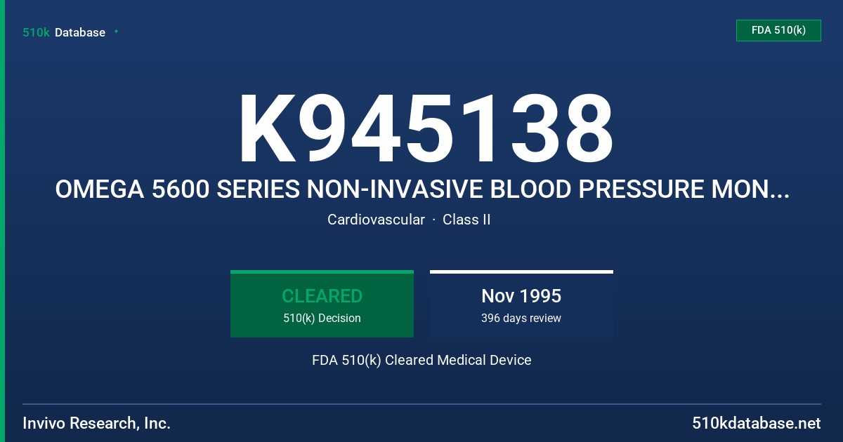 K945138 OMEGA 5600 SERIES NON-INVASIVE BLOOD PRESSURE MONITORS FDA 510(k) Cleared Medical Device