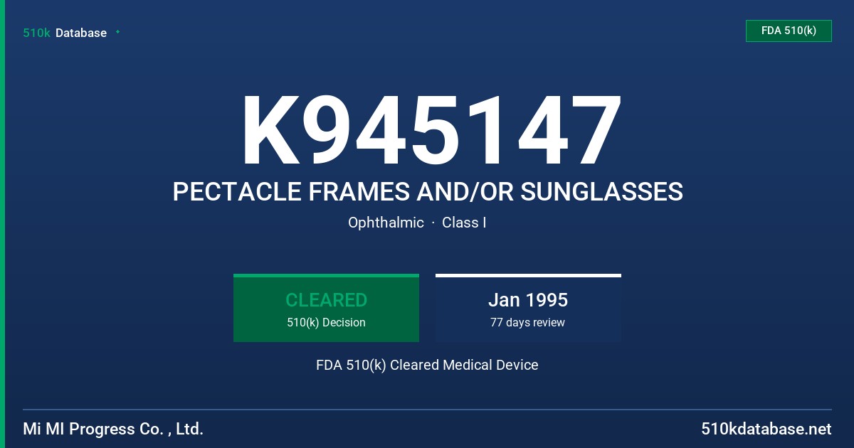 K945147 PECTACLE FRAMES AND/OR SUNGLASSES FDA 510(k) Cleared Medical Device