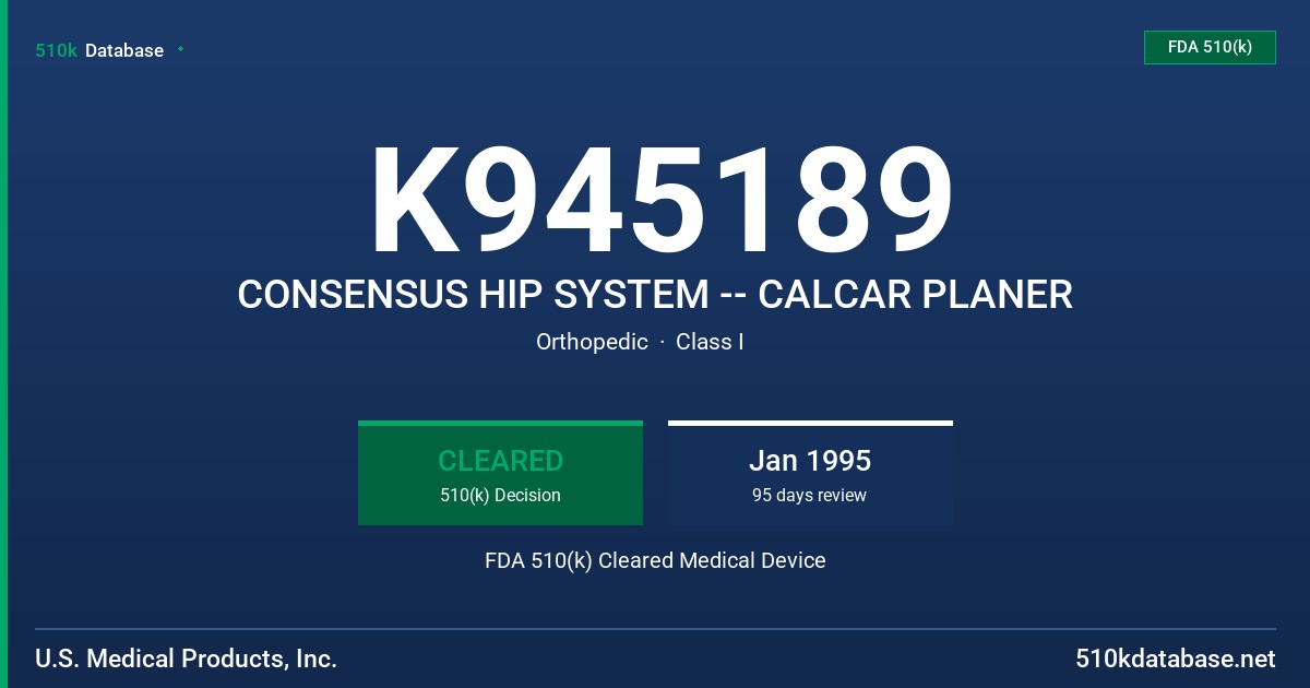 K945189 CONSENSUS HIP SYSTEM -- CALCAR PLANER FDA 510(k) Cleared Medical Device