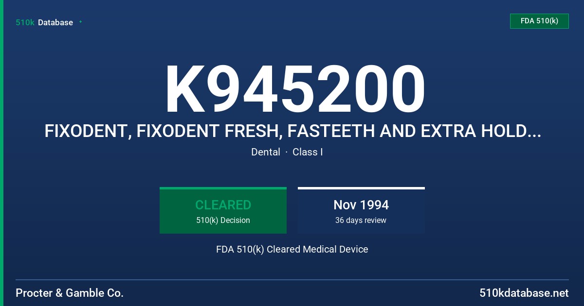 K945200 FIXODENT, FIXODENT FRESH, FASTEETH AND EXTRA HOLD FASTEETH DENTURE ADHESIVCES FDA 510(k) Cleared Medical Device