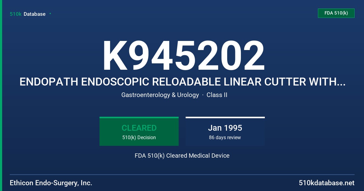 K945202 ENDOPATH ENDOSCOPIC RELOADABLE LINEAR CUTTER WITH SAFETY LOC-OUT AND RELOADING UNIT FDA 510(k) Cleared Medical Device