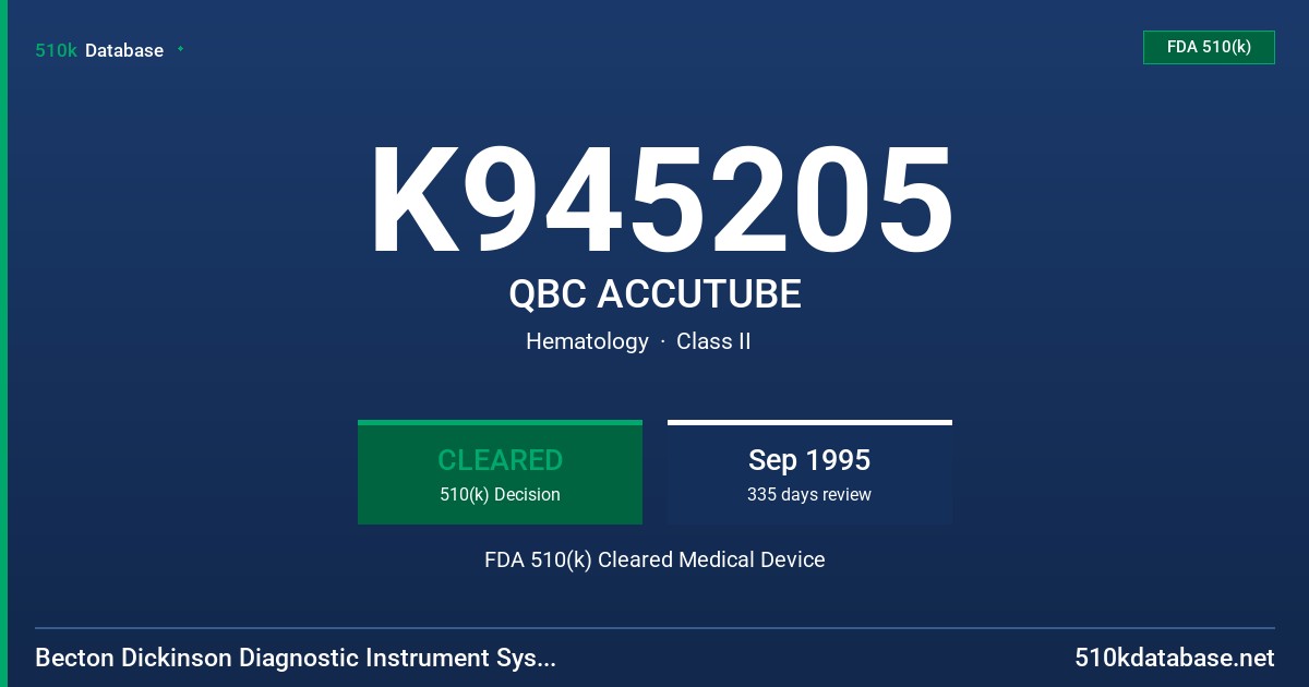 K945205 QBC ACCUTUBE FDA 510(k) Cleared Medical Device