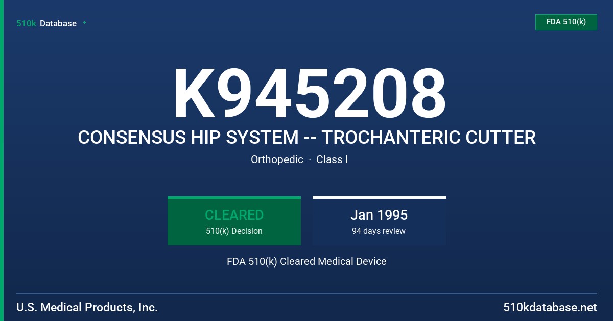 K945208 CONSENSUS HIP SYSTEM -- TROCHANTERIC CUTTER FDA 510(k) Cleared Medical Device