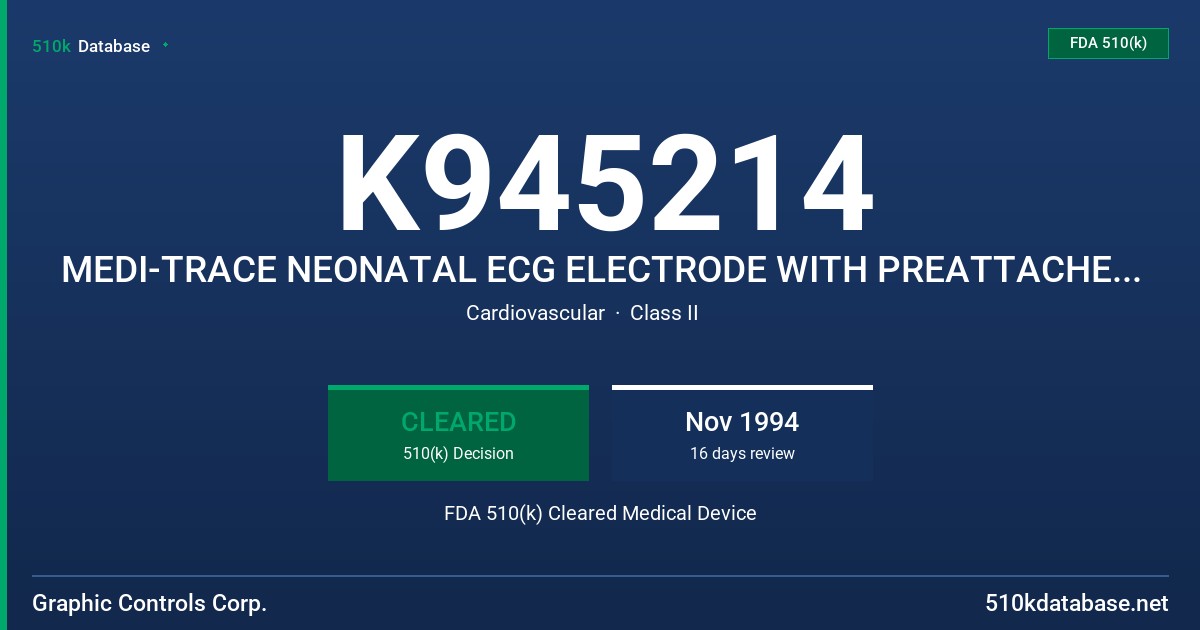 K945214 MEDI-TRACE NEONATAL ECG ELECTRODE WITH PREATTACHED LEADWIRE FDA 510(k) Cleared Medical Device