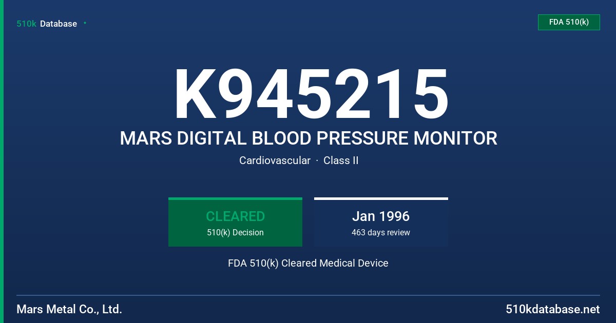 K945215 MARS DIGITAL BLOOD PRESSURE MONITOR FDA 510(k) Cleared Medical Device
