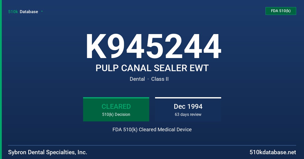 K945244 PULP CANAL SEALER EWT FDA 510(k) Cleared Medical Device