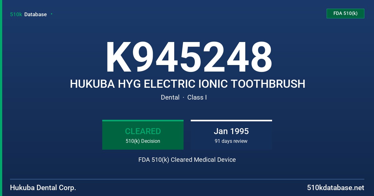 K945248 HUKUBA HYG ELECTRIC IONIC TOOTHBRUSH FDA 510(k) Cleared Medical Device