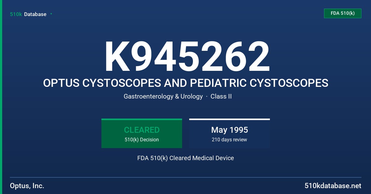 K945262 OPTUS CYSTOSCOPES AND PEDIATRIC CYSTOSCOPES FDA 510(k) Cleared Medical Device