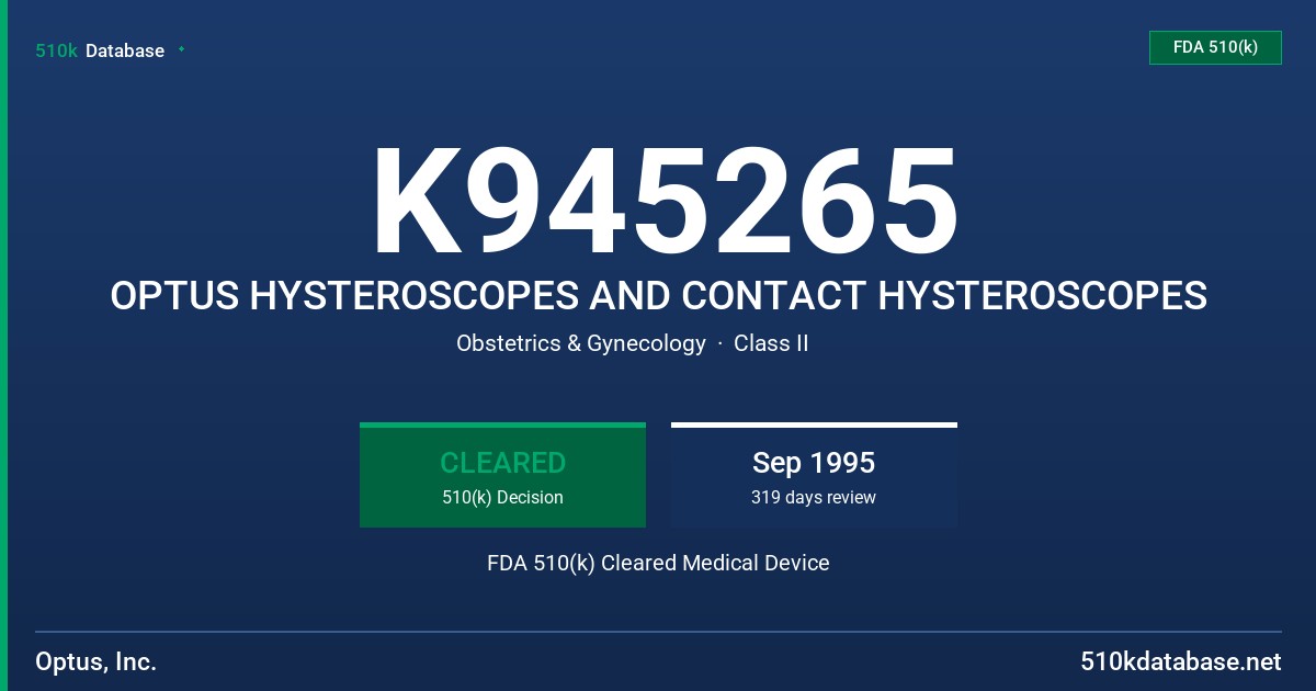 K945265 OPTUS HYSTEROSCOPES AND CONTACT HYSTEROSCOPES FDA 510(k) Cleared Medical Device